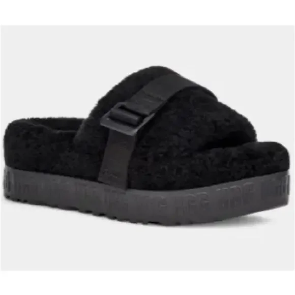 UGG Fluffita Platform Sheepskin Slipper Black Size 9/9.5 Lounge Travel Fuzzy - Picture 1 of 11